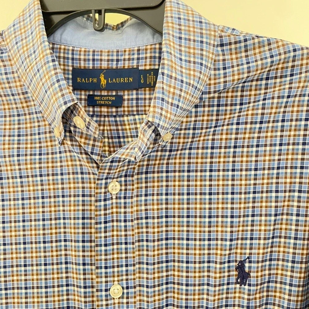 Polo Ralph Lauren Plaid Shirt Men L Blue Brown‎ Multicolor Long Sleeve Blue Pony